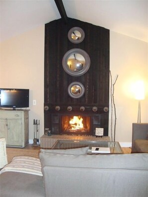 Smart TV, fireplace, DVD player, books