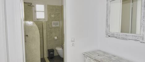 A bathroom with a shower, toilet, and a vanity with a mirror.