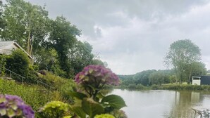 Vista tranquila de um lago, com vegetação exuberante e uma casa ao fundo.