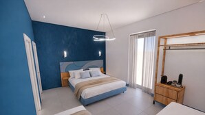 Una camera da letto moderna con un letto, comodini, uno specchio e una finestra con tende.