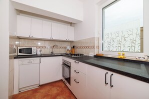 Apartment (A2) | Private kitchen | Fridge, microwave, stovetop, dishwasher
