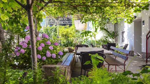 An outdoor patio with tables and chairs, surrounded by lush greenery and purple flowers. - Apartments Konta (Kastela)