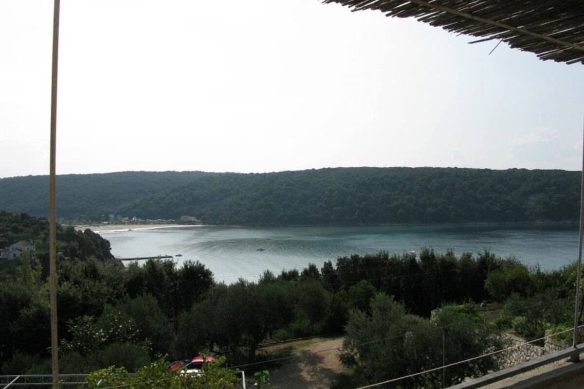 A view of a lake surrounded by dense forest, with a distant shoreline and a small building visible.
