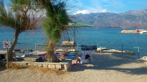 A coastal area with a beach, a no swimming sign, a tree, and a rocky shoreline. - Apartments Petra (Razanac)