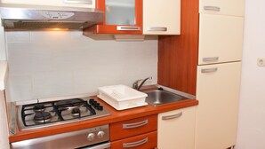 Una cocina compacta con estufa a gas, un lavamanos y armarios de madera.