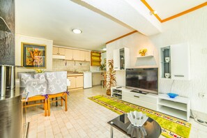 Appartement, 1 tweepersoonsbed met slaapbank | Woonkamer | Een televisie