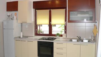 Apartamento, várias camas | Cozinha privada | Geladeira, fogão, cooktop, cafeteira/chaleira
