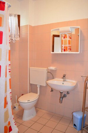 A bathroom with a toilet, sink, and a mirror above the sink. - Apartments Ivica Pakostane (Pakostane)