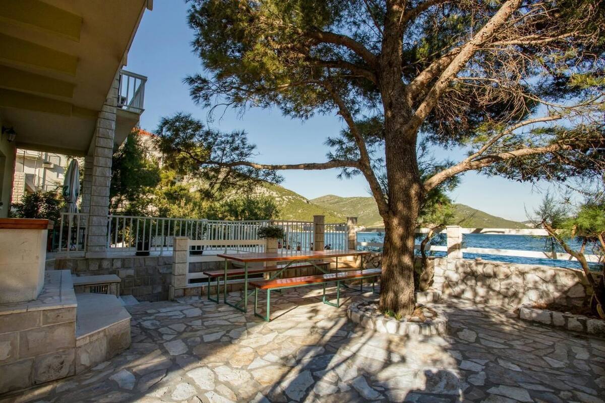 A stone patio with picnic tables, a tree, and a view of the sea and hills.