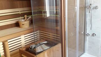 Shower, deep-soaking bathtub