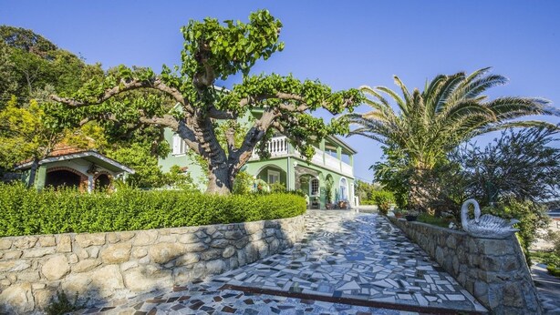 Una villa verde con un camino de piedra que lleva a la entrada, rodeada de exuberante vegetación y una estatua de un cisne.
