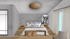 Une chambre moderne avec un grand lit, des lampes de chevet, un luminaire suspendu et une vue sur l’extérieur.