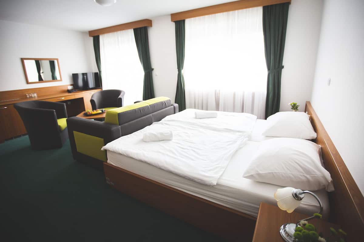 A hotel room with a bed, a desk, a chair, and a television.