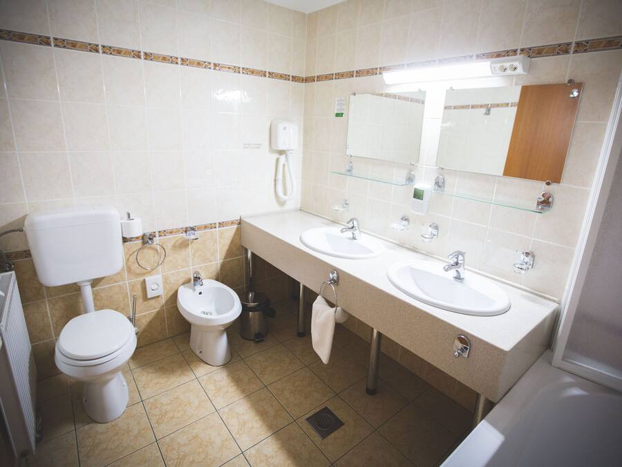 A bathroom with two sinks, a toilet, a bidet, and a mirror.