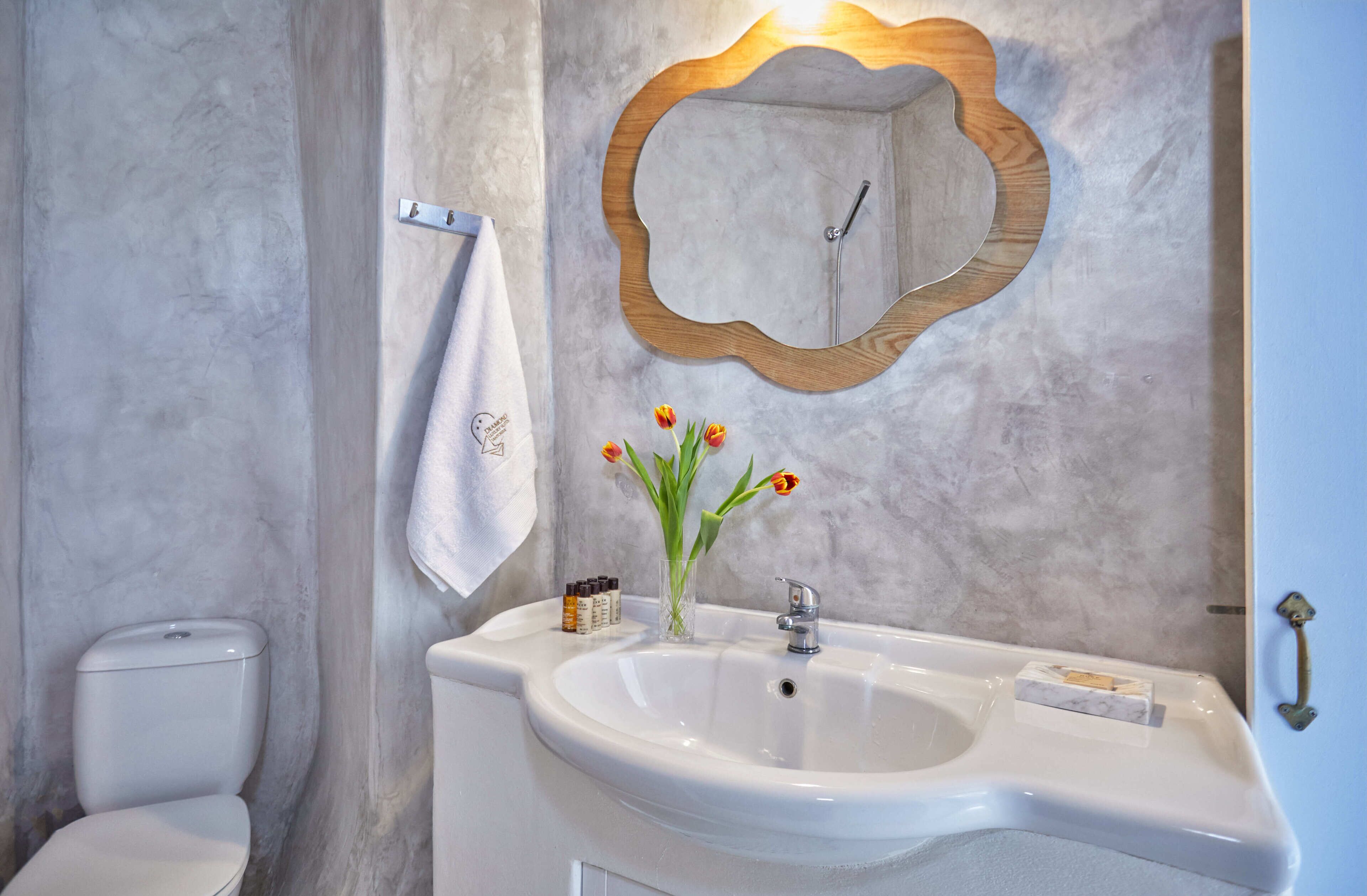 Une salle de bain avec un lavabo blanc, un miroir avec un cadre en bois, une serviette suspendue à un crochet et des toilettes.