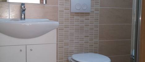 A bathroom with a white sink, a toilet, and a shower.