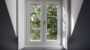 A dormer window with a view of trees.