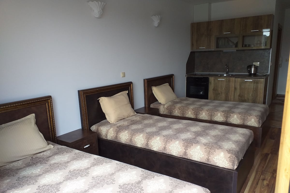 Blackout curtains, soundproofing, free cots/infant beds, free WiFi
