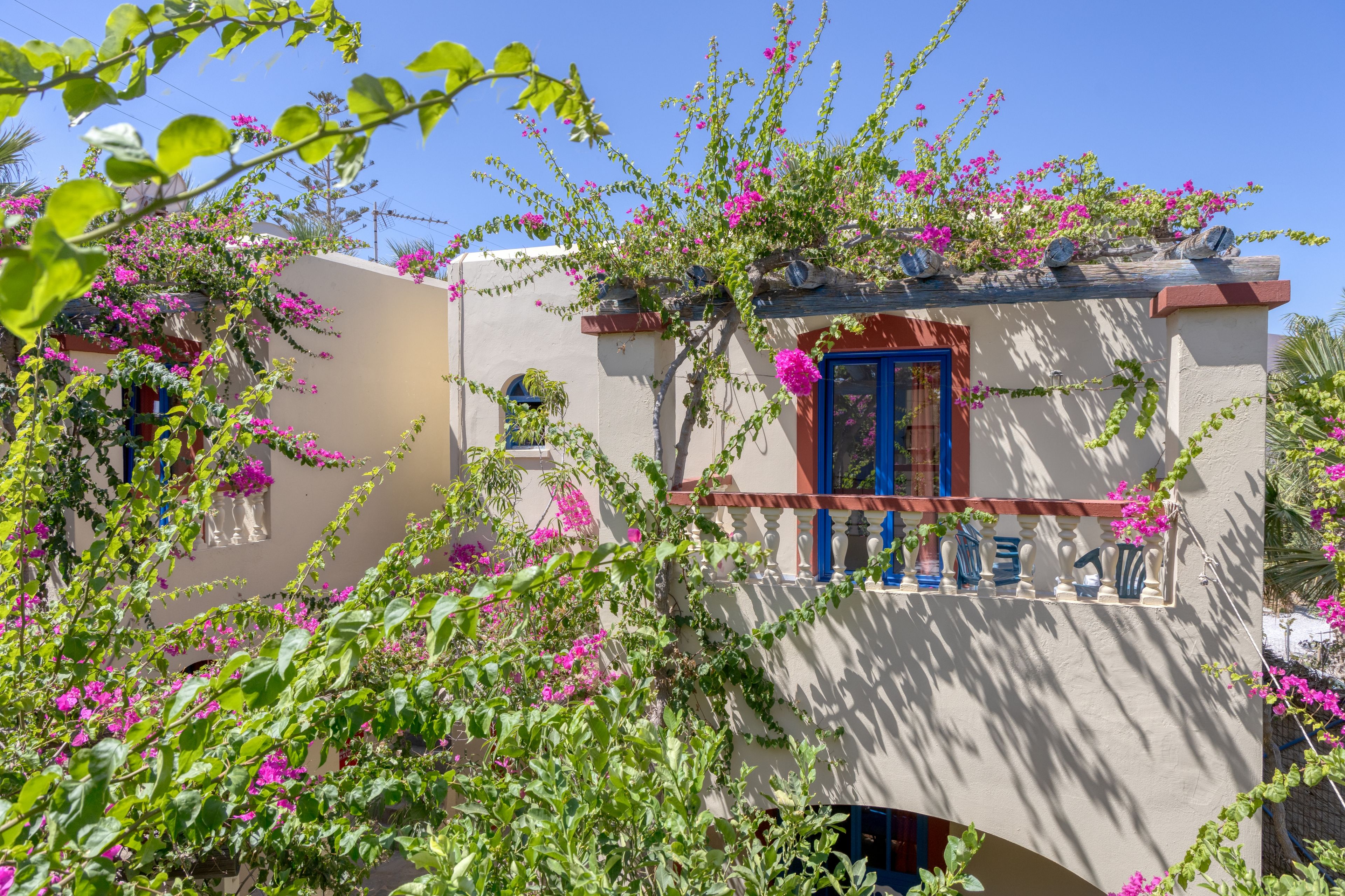A building with a balcony, surrounded by lush greenery and pink flowers.