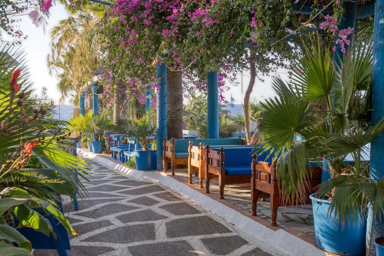 An outdoor seating area with benches and potted plants.