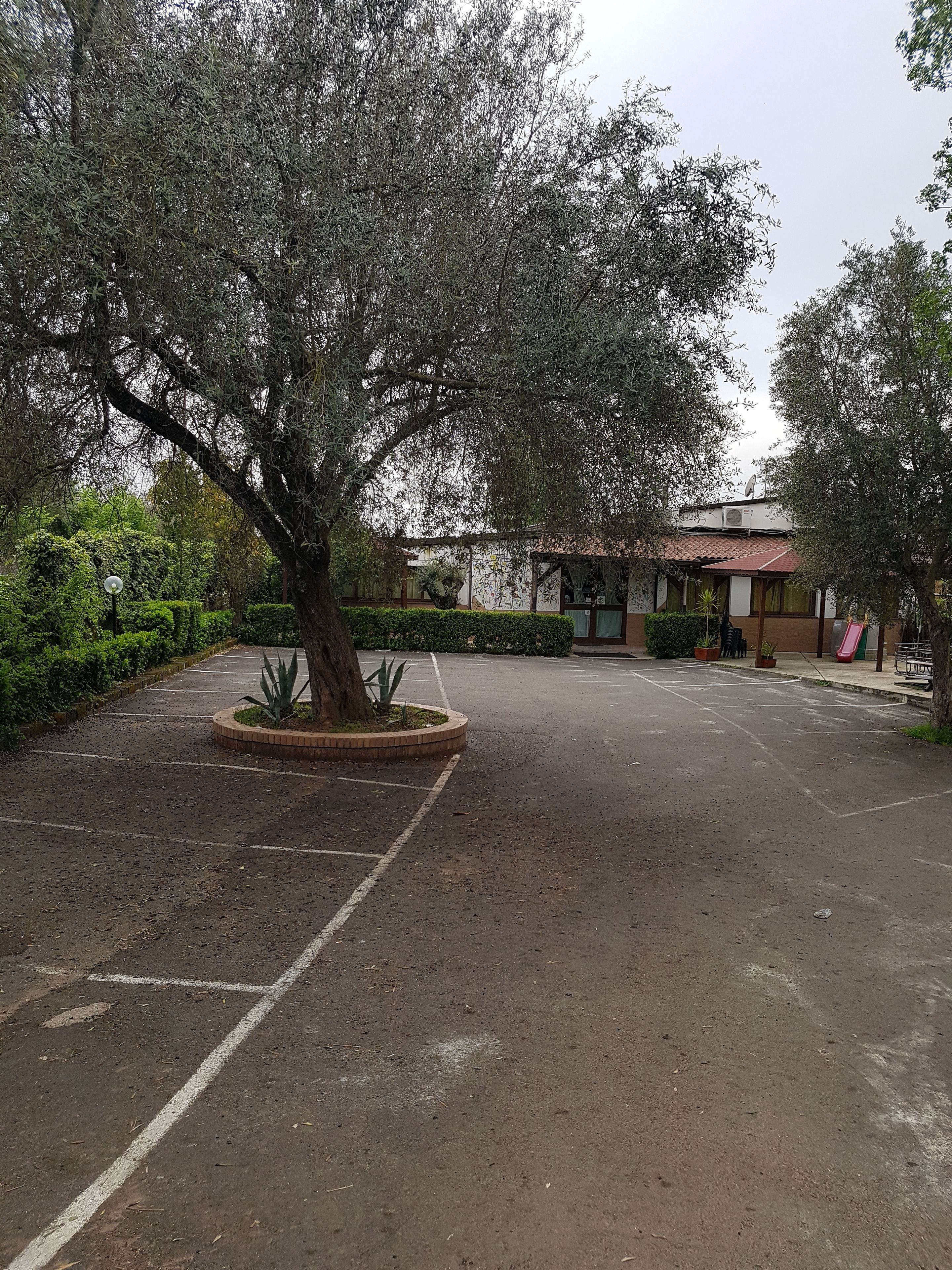 Un estacionamiento con un árbol grande, un edificio de techo a tejas y un parque infantil con un tobogán.