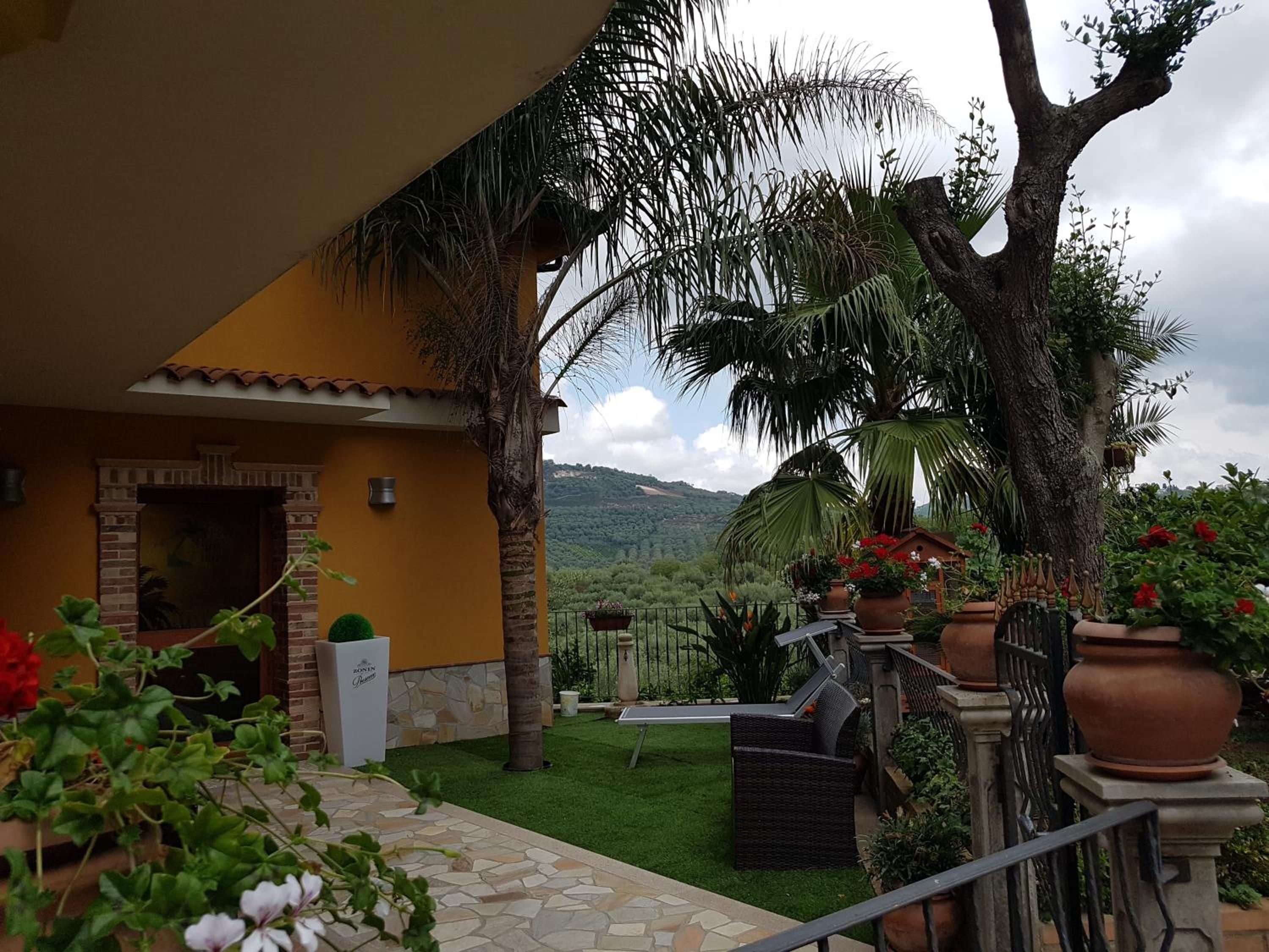 A courtyard with a yellow building, palm trees, and potted plants.