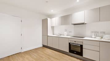 Executive Apartment | Private kitchen | Full-sized fridge, microwave, oven, stovetop