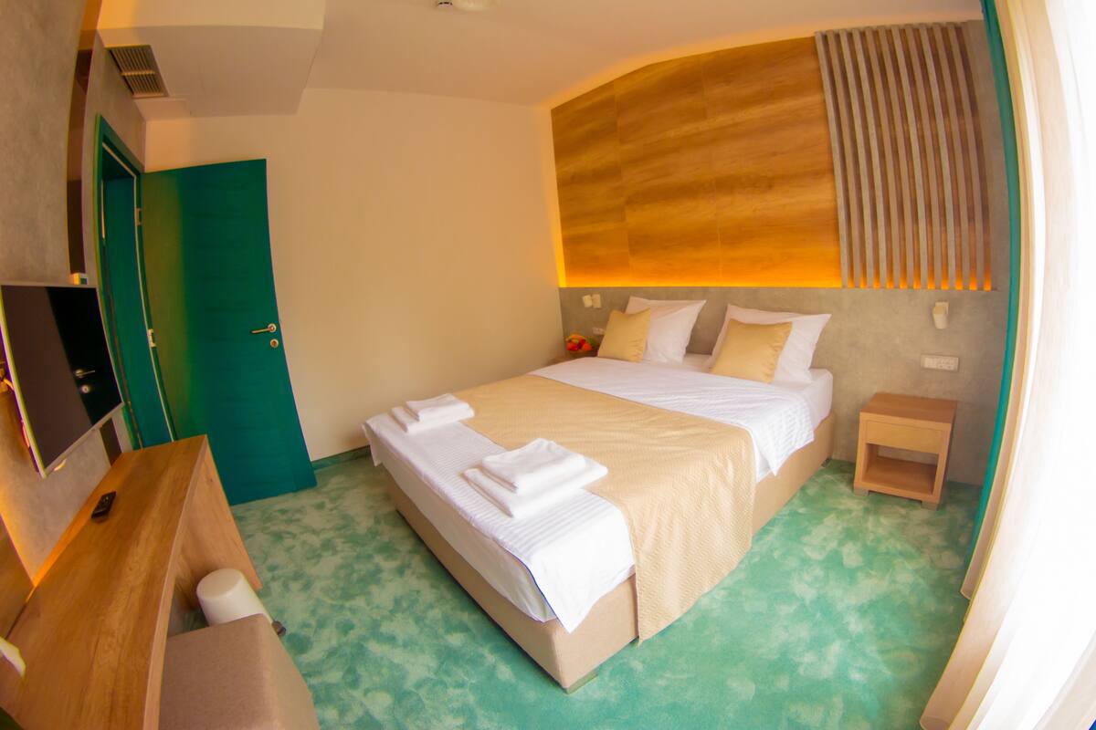 Une chambre d’hôtel avec un lit, un bureau, une télévision et une moquette verte.