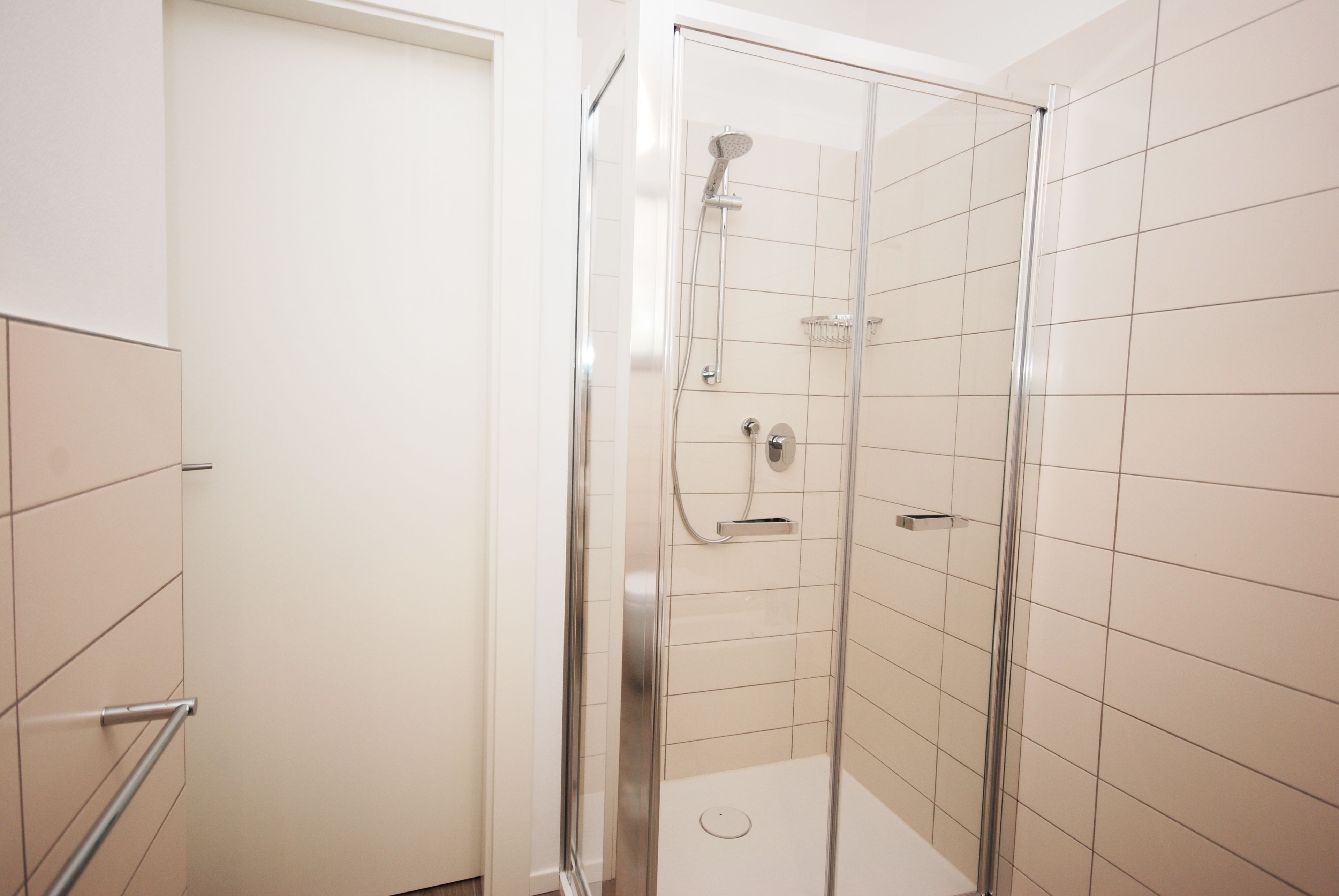A modern shower with a glass door, a handheld showerhead, and a wall-mounted control panel.