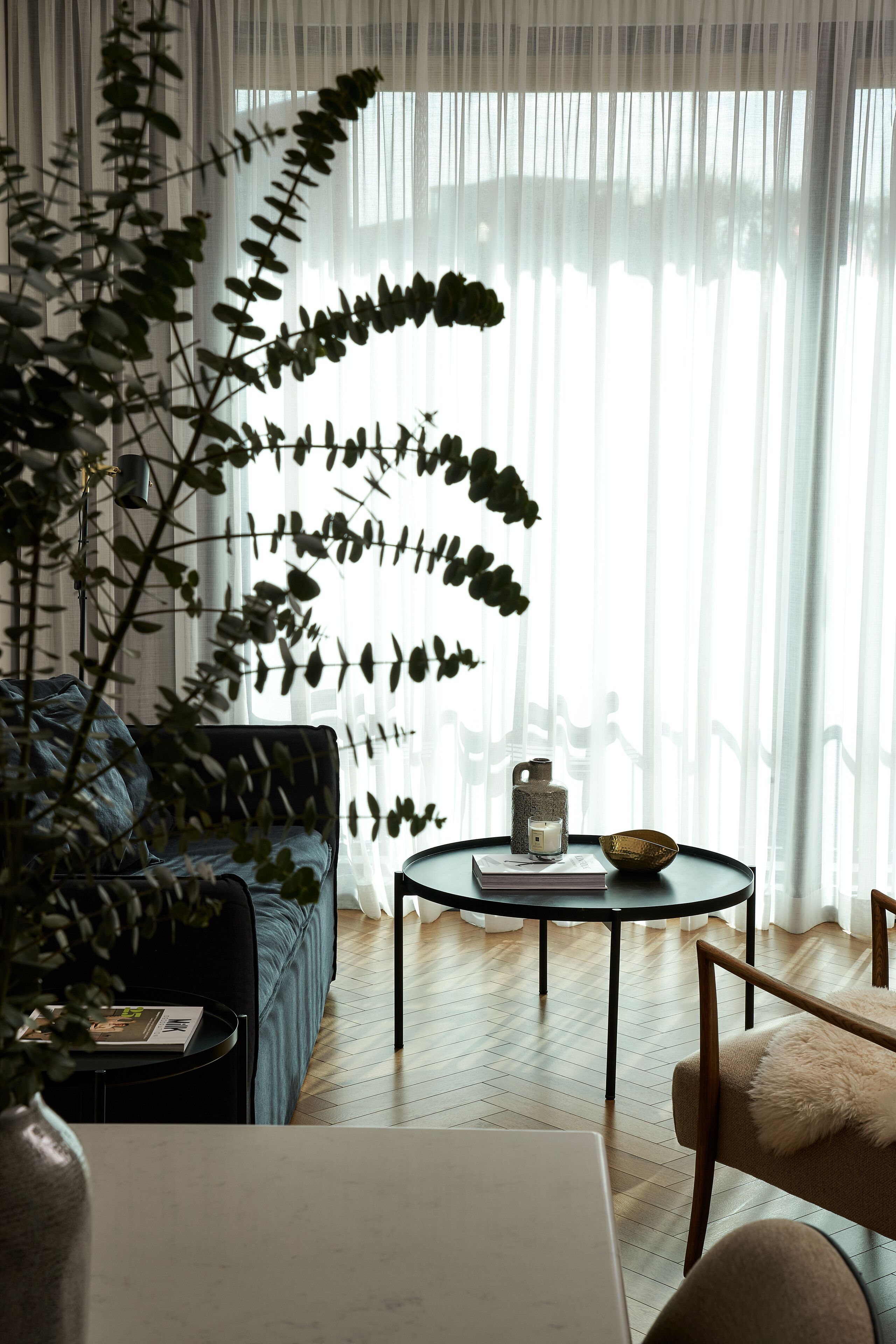 A modern living room with a sofa, a coffee table, and a dining table. There is a large plant in the corner and a window with sheer curtains.