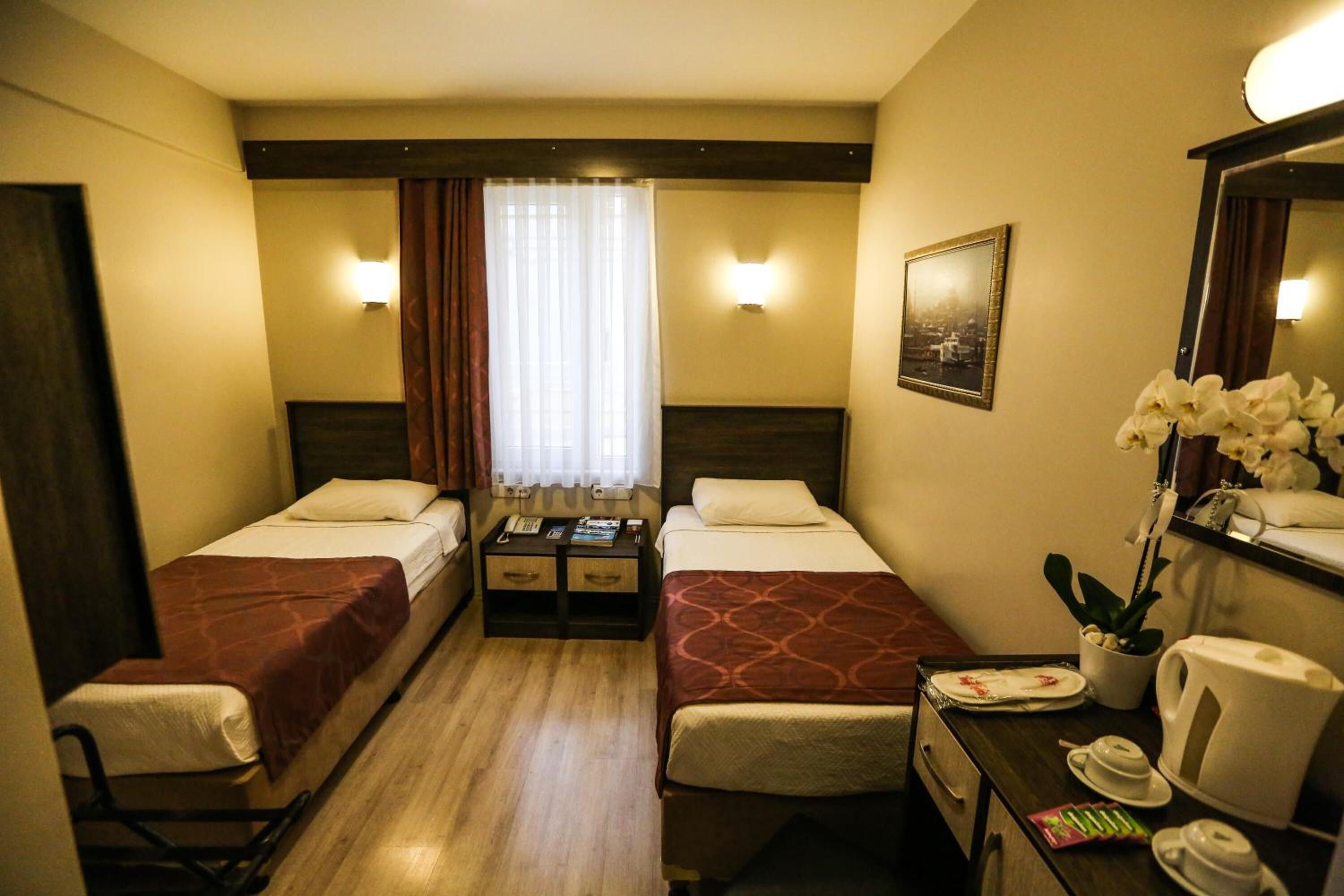 Habitación de hotel con dos camas individuales, un escritorio pequeño con teléfono y libros, un espejo y una planta.