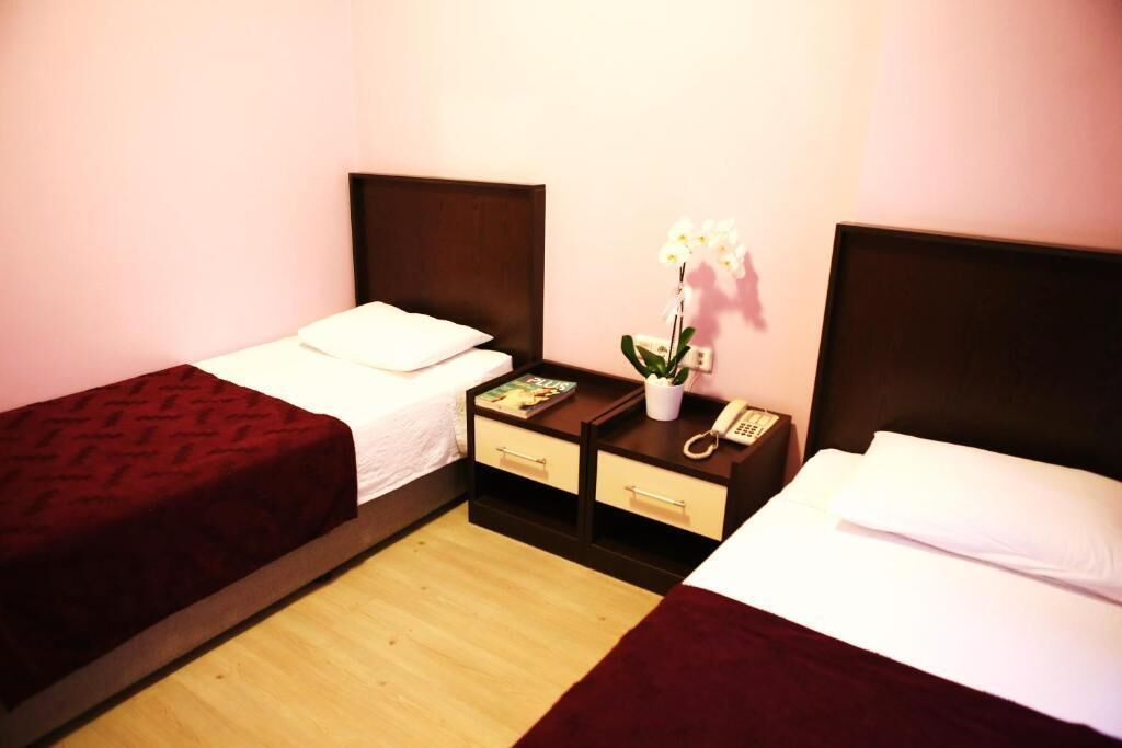 A hotel room with two single beds, a nightstand with a phone, a small table with a book and a potted plant, and a wooden floor.