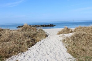 A sandy beach path leading to the sea with a rocky breakwater in the distance.