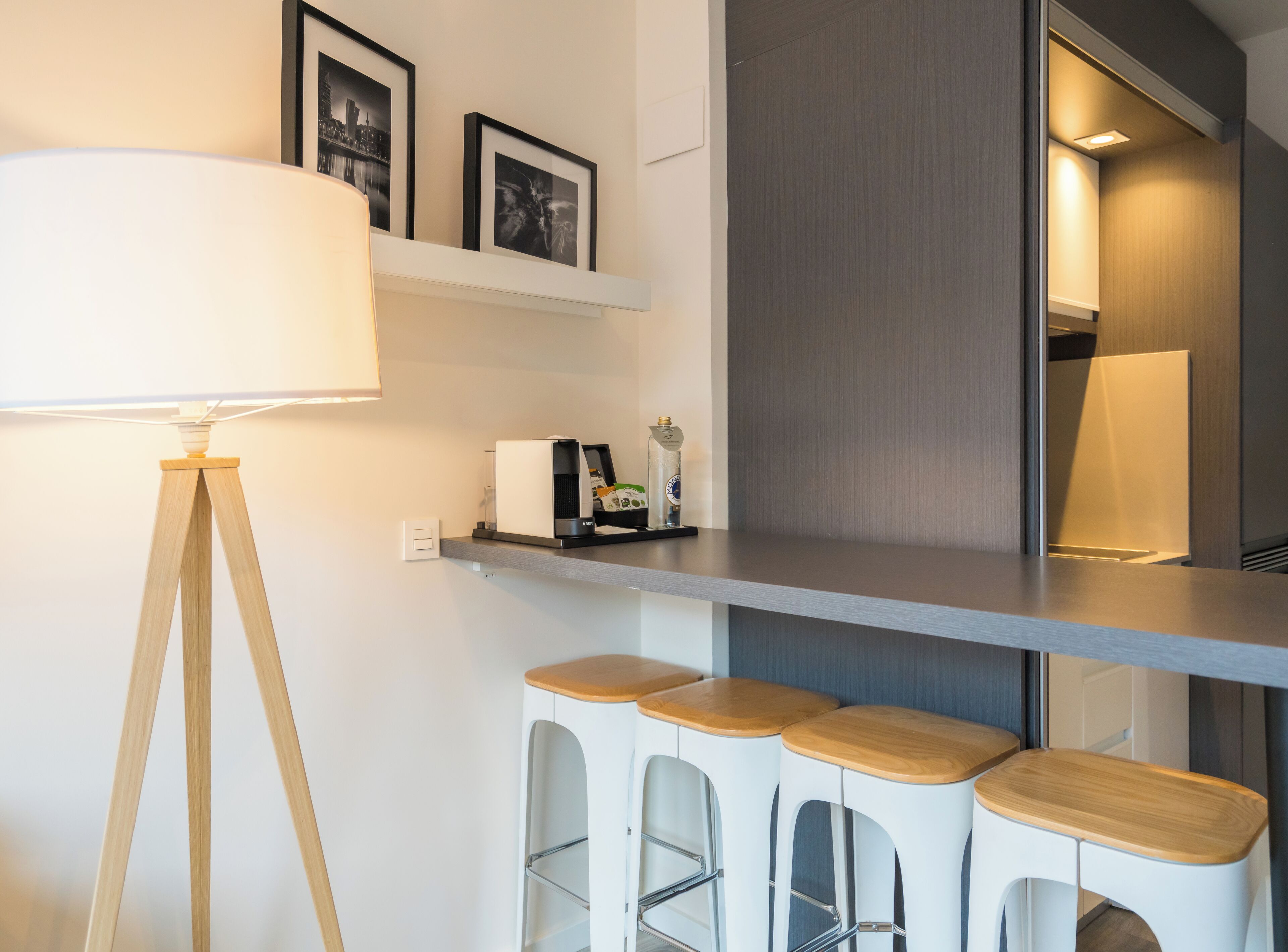 full-sized fridge, microwave, stovetop, dishwasher