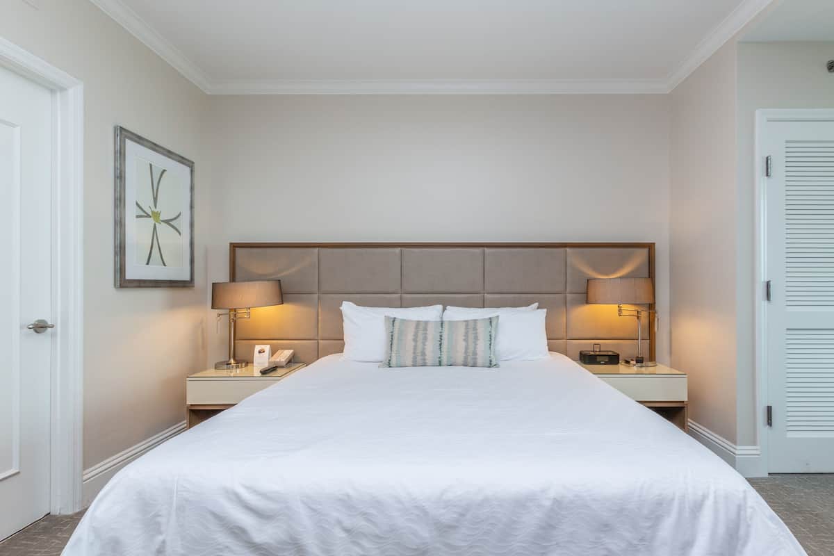 Suite junior, 1 cama de matrimonio grande con sofá cama, cocina básica, vistas a la bahía | Sábanas de algodón egipcio y ropa de cama de alta calidad