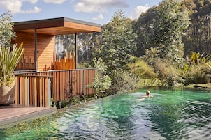 Una piscina al aire libre, sillones reclinables de piscina