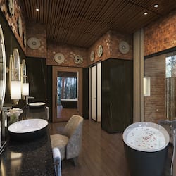Separate bathtub and shower, rainfall showerhead, designer toiletries