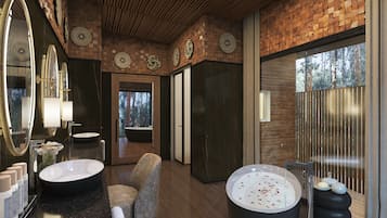 Separate tub and shower, rainfall showerhead, designer toiletries