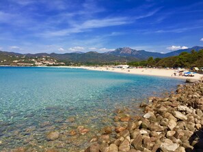 On the beach, sun loungers