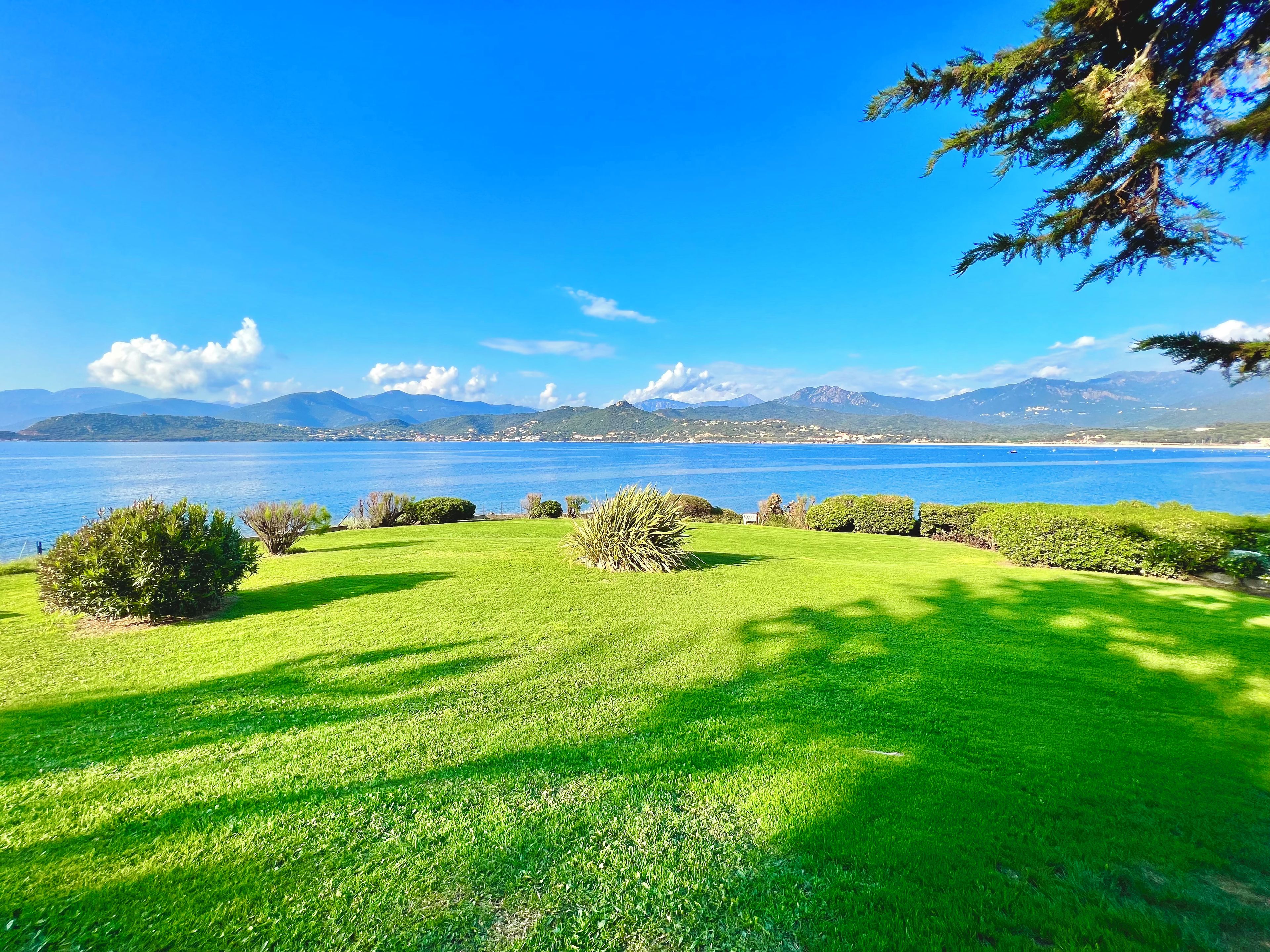 A well-maintained grassy area with a view of a large body of water and distant mountains.