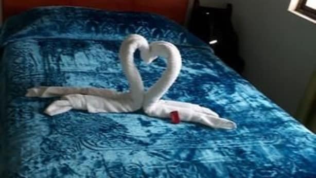 A bed with a blue patterned bedspread and a swan-shaped towel arrangement.