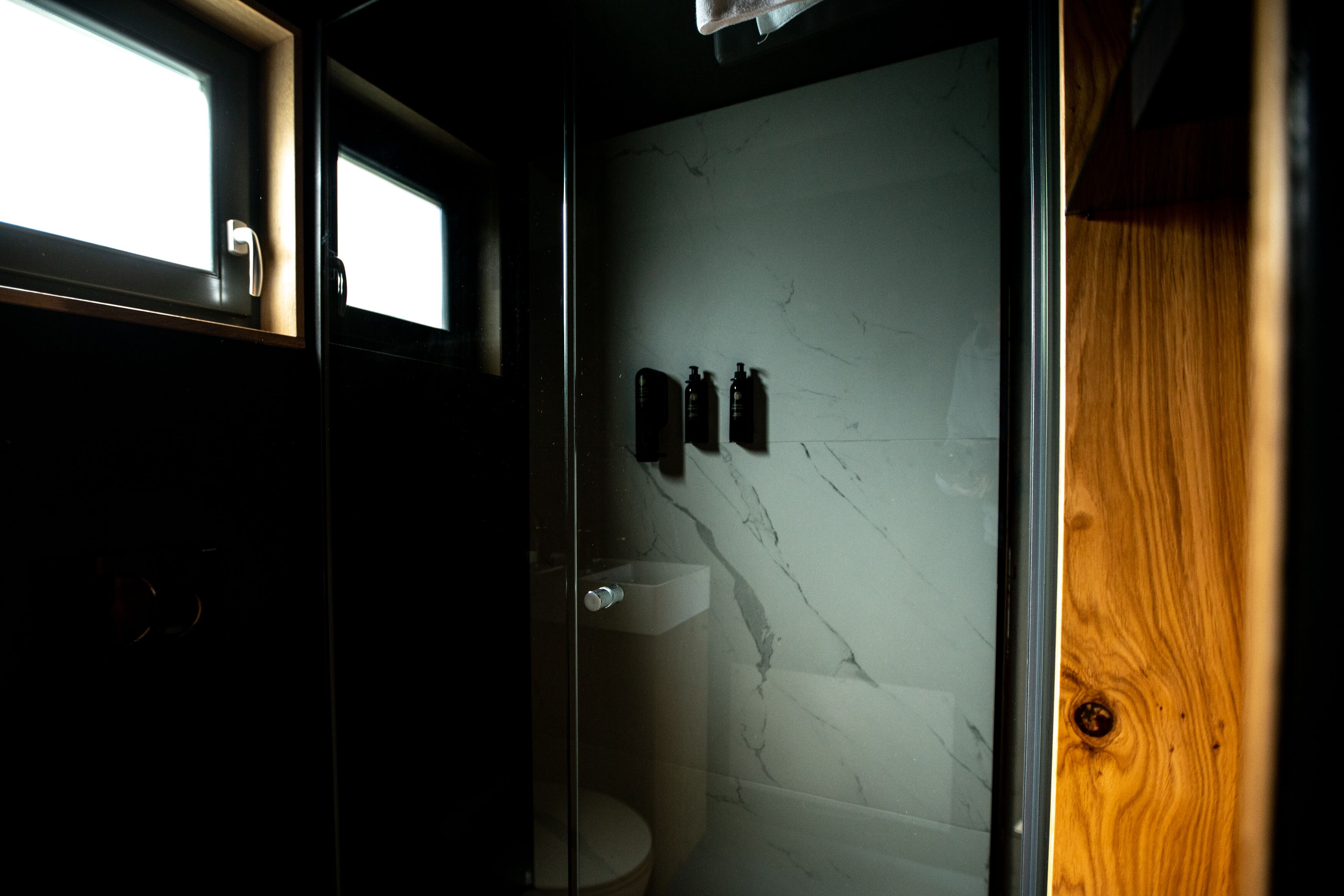 A bathroom with a marble wall, a wooden door, and a toilet.