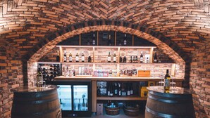 Un intérieur caractérisé par un plafond en briques en forme d’arc, des tonneaux en bois et un espace bar avec des étagères remplies de bouteilles.