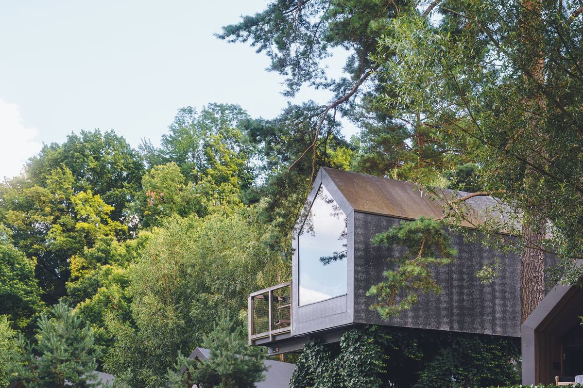 Une cabane perchée dans un arbre, dotée d’un balcon en verre, entourée d’une végétation luxuriante et équipée de chaises longues.