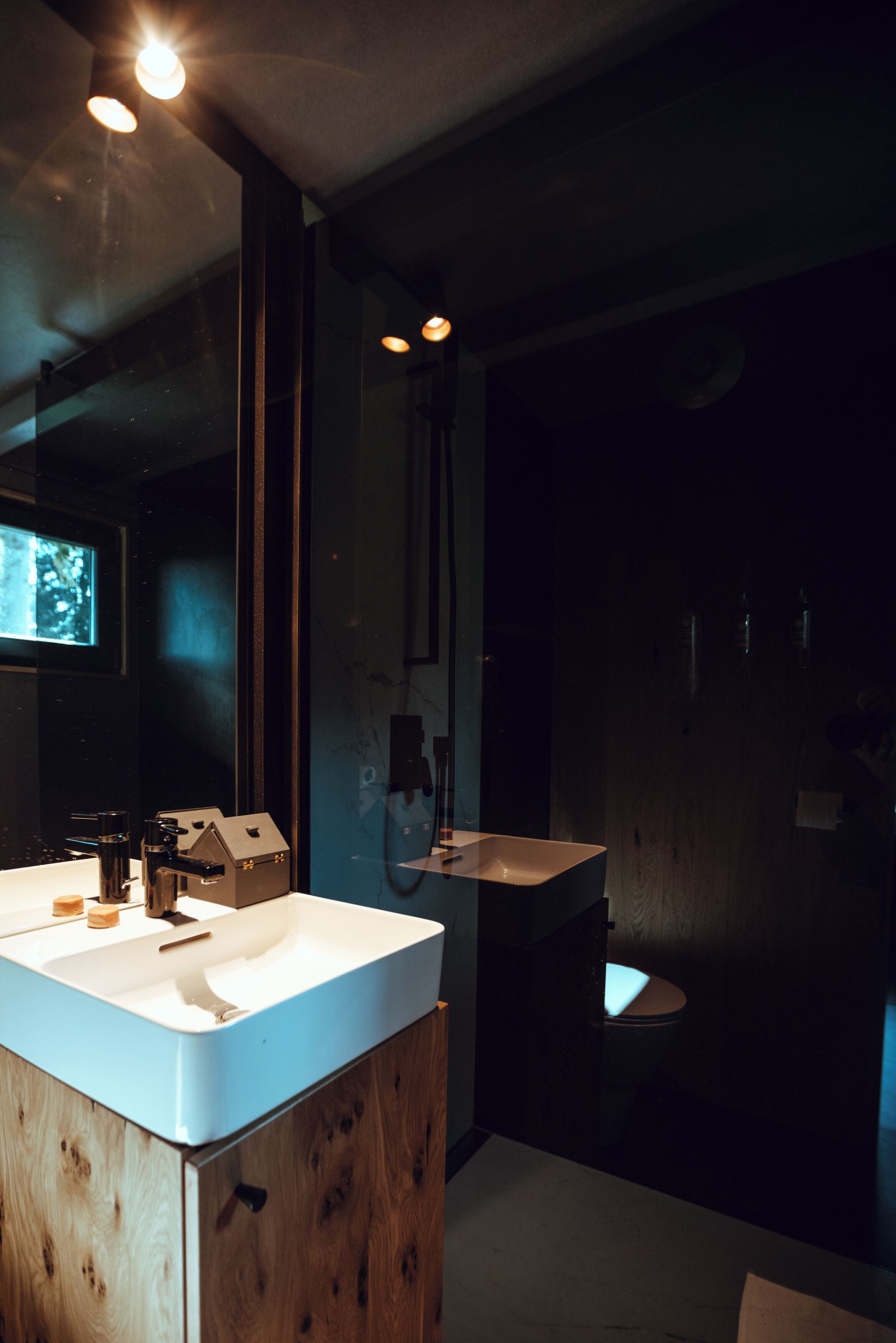 A modern bathroom with a wooden vanity, a sink, and a toilet.