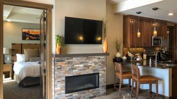 Villa, 1 Bedroom | Living room | 55-inch flat-screen TV with digital channels, TV, fireplace