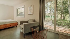 Cabaña panorámica, 1 cama Queen size, vista al lago | Ropa de cama de alta calidad, edredón y camas con efecto memoria 