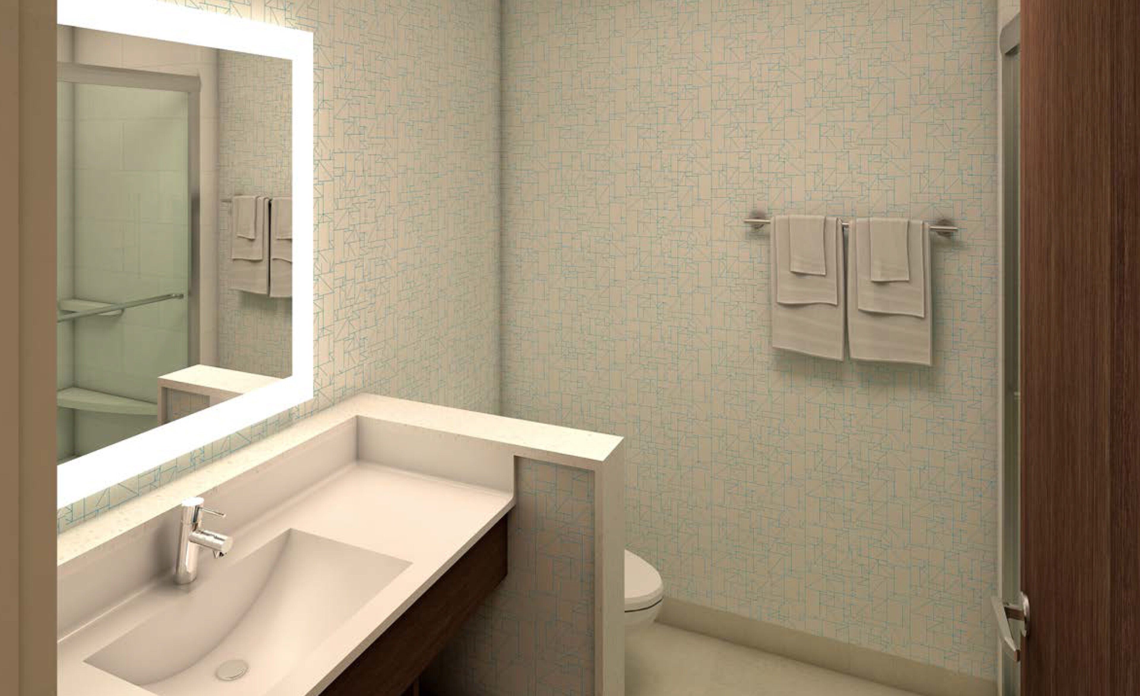 A bathroom with a large mirror, a sink, a toilet, and a towel rack.
