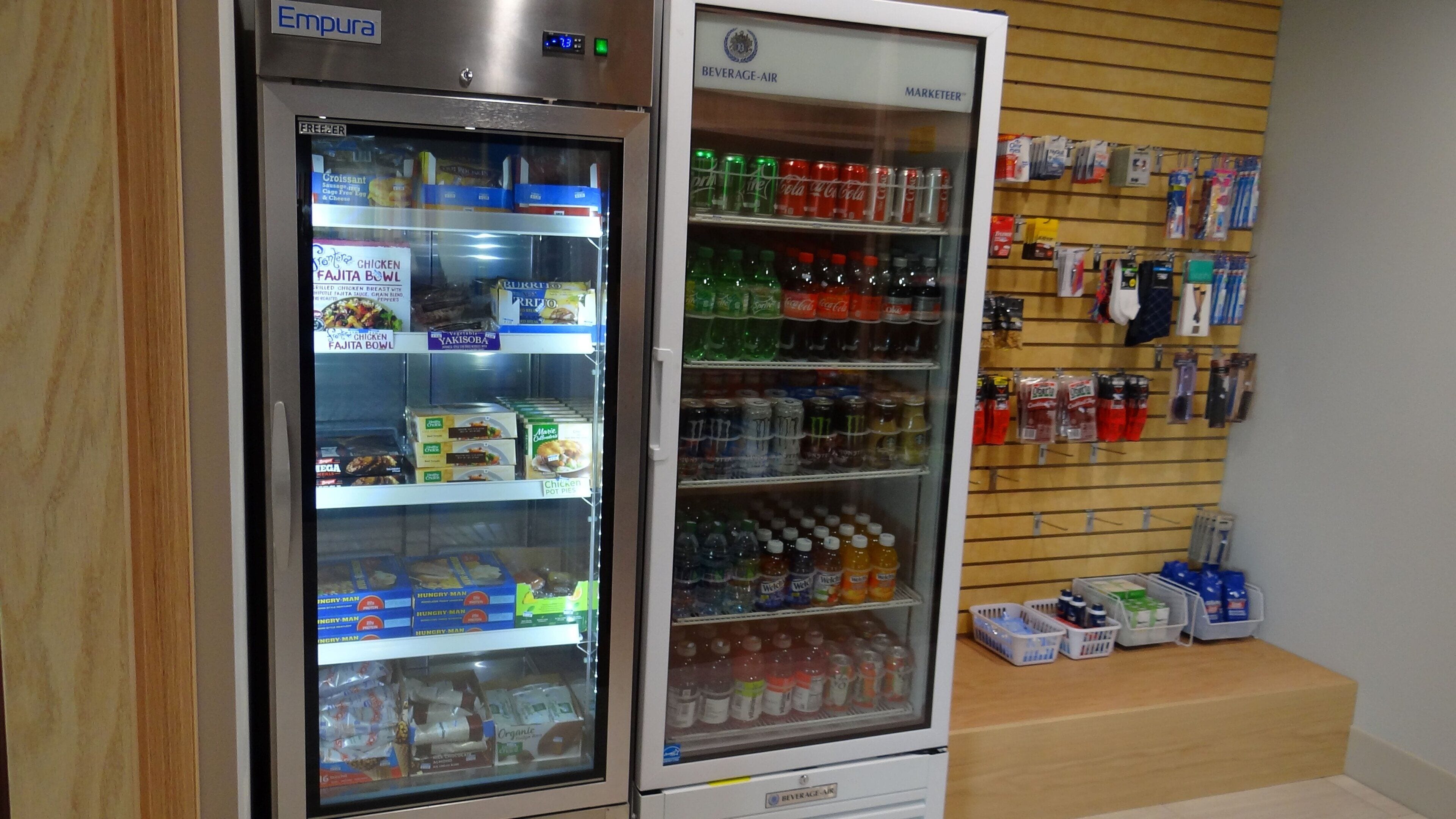 A beverage-air vending machine with various drinks and snacks.