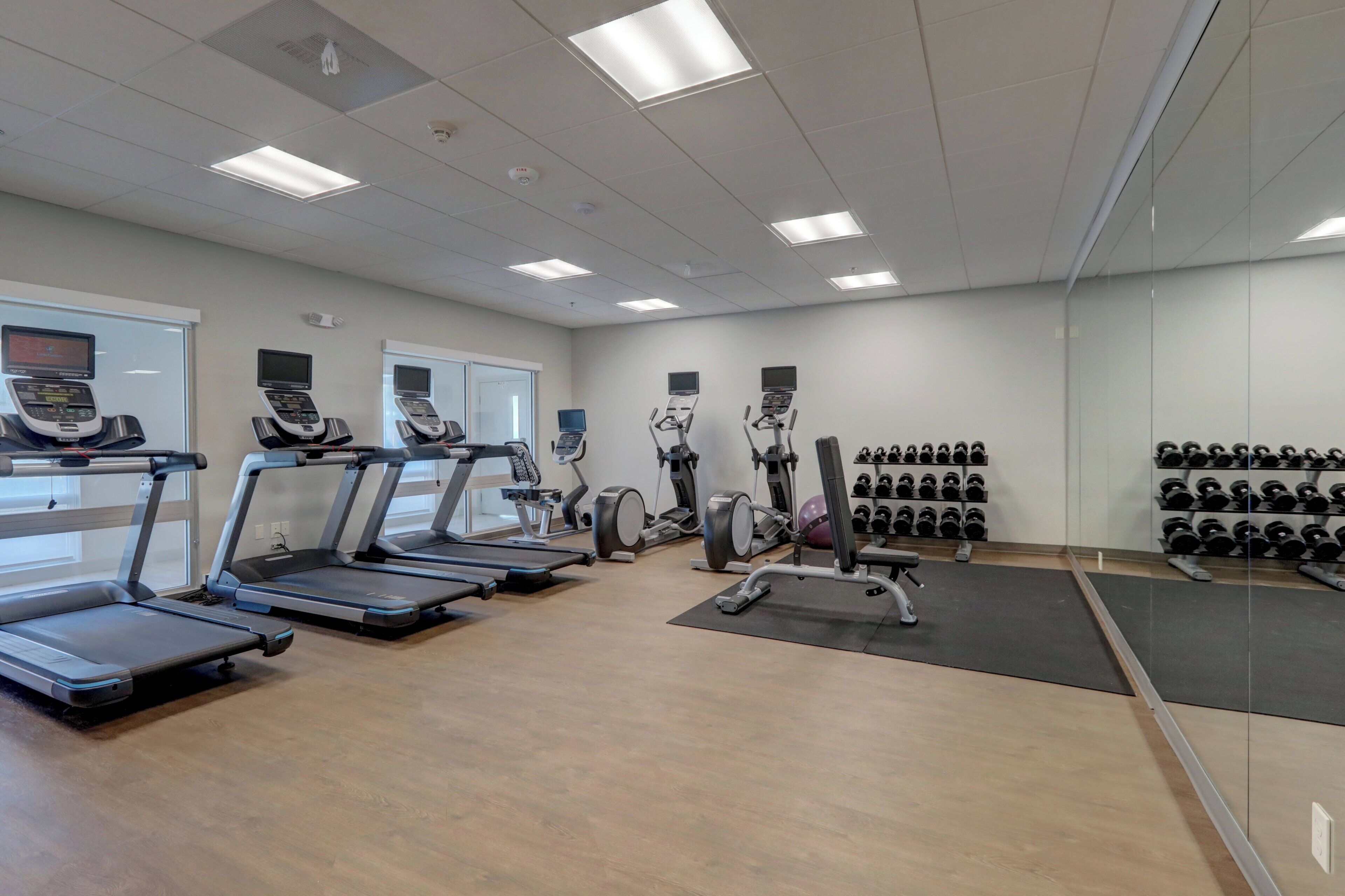 A gym with treadmills, elliptical machines, and a rack of dumbbells.